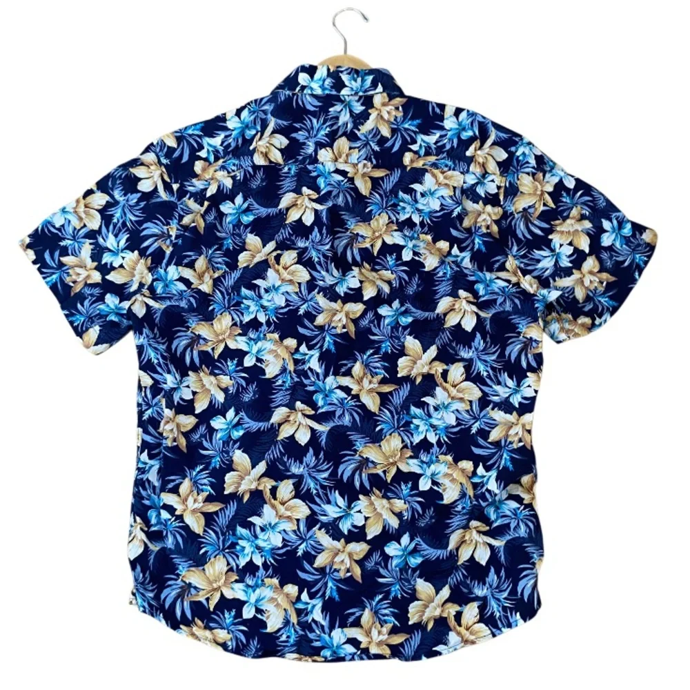 HISDERN Navy Blue Floral Hawaiian Short-Sleeve 100% Cotton Men’s Shirt Size L